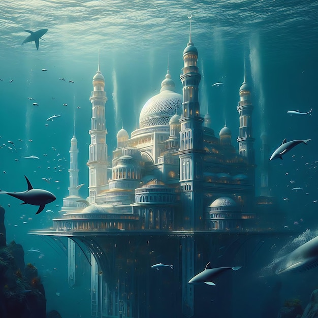 水中のモスクの風景とクジラの目撃