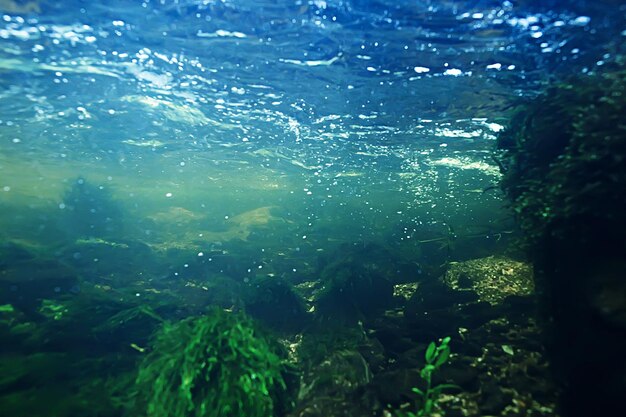 Underwater mountain clear river / underwater photo in a\
freshwater river, fast current, air bubbles by water, underwater\
ecosystem landscape