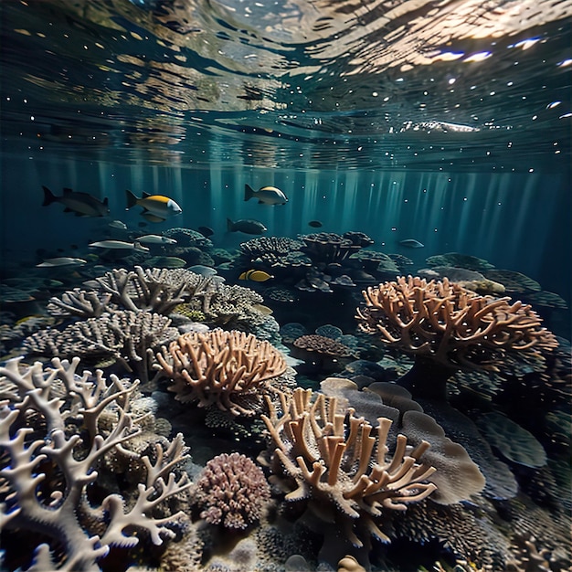 Underwater ocean coral reef with fish