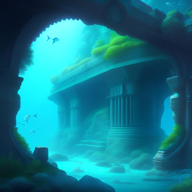 Underwater ocean ruins lost city of atlantis crumbling deep sea diving exploration