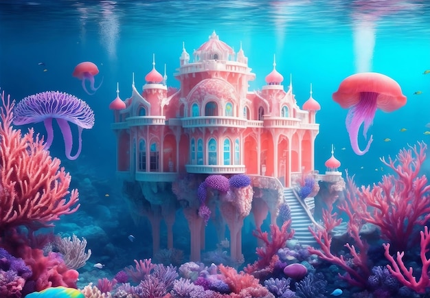 Underwater palace with colorful coral and fish Generative AI Illustration