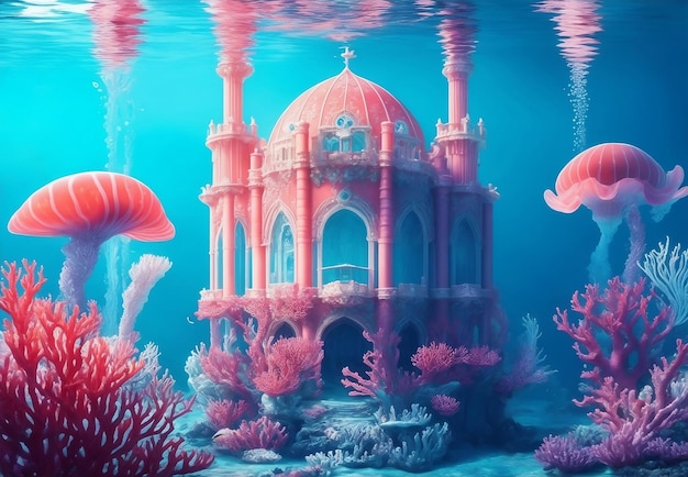 Underwater palace with colorful coral and fish generative ai illustration