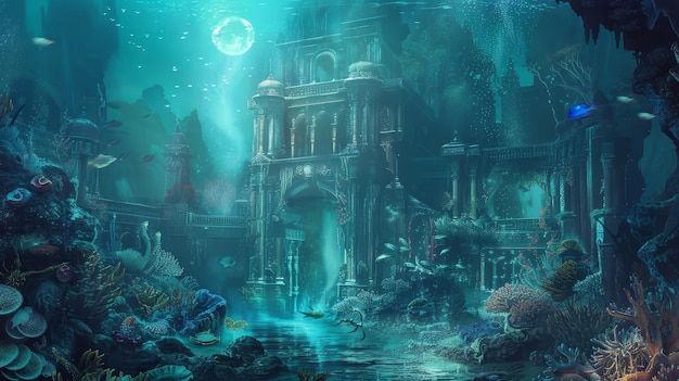 Foto palazzo sottomarino con perle di corallo e esseri mistici sullo sfondo