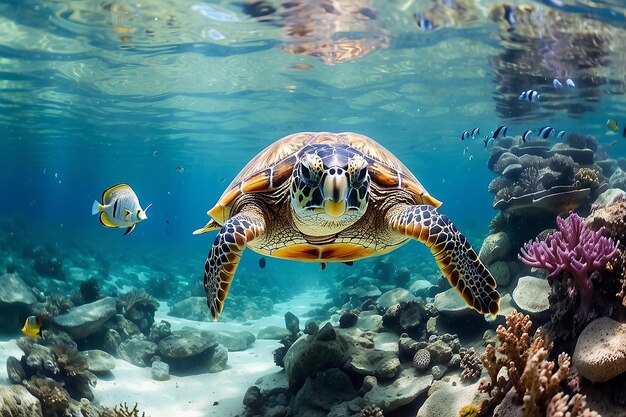 Underwater panorama with turtle coral reef and fishes