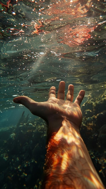 Foto perspettiva sottomarina di una mano umana che raggiunge la superficie