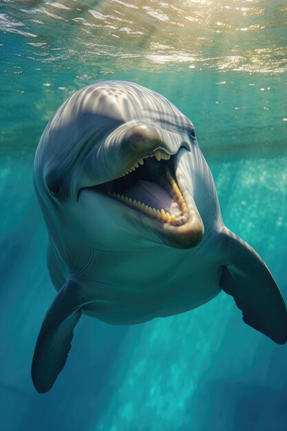 Underwater photo of joyful and optimistic dolphin