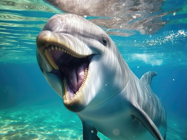 Подводное фото радостного и оптимистичного дельфина