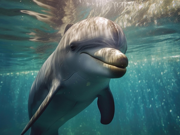 Underwater photo of joyful and optimistic dolphin