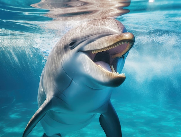 Подводное фото радостного и оптимистичного дельфина