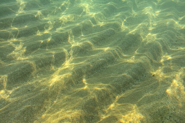 水中写真 - ビーチ、抽象的な海の背景の近くの浅い水の海底の砂「砂丘」に太陽が輝いています。