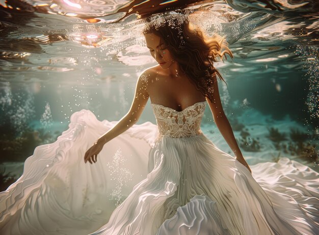 Photo an underwater photo of a woman wearing a white wedding dress