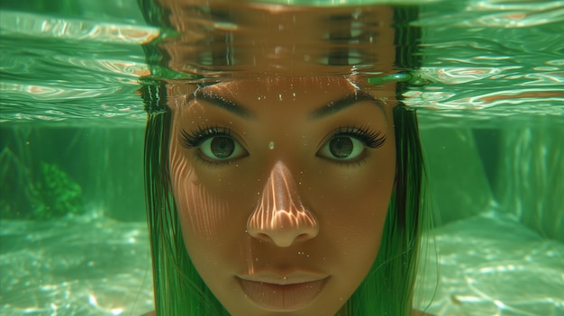 Подводная фотография женщины с зелеными волосами