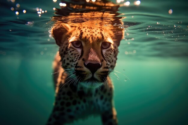 Photo underwater photograph of a ferocious cheetah backlighting watching a precise reflection on ice