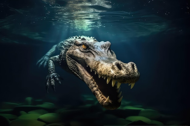 underwater photograph of a ferocious crocodile backlighting watching a precise reflection on ice