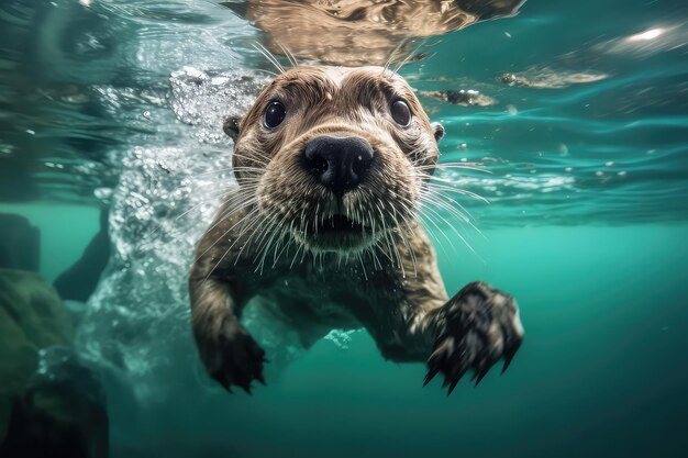 Underwater photograph of a ferocious otter backlighting watching a precise reflection on ice magazi