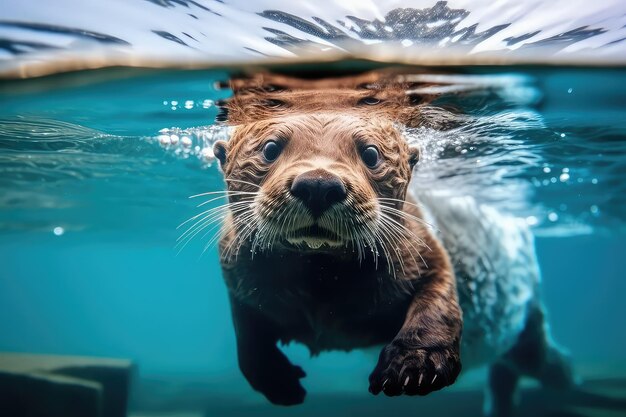 Фото Подводная фотография свирепой выдры с подсветкой, наблюдающей за точным отражением на ледяном магази