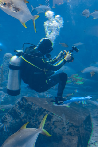 Underwater Photographers on Scuba dives. Divers with camera surrounded by a large number of fish in the huge aquarium. Atlantis, Sanya, Hainan, China.