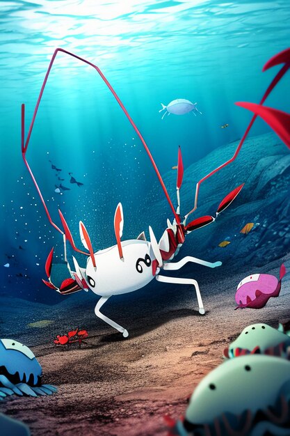 Underwater pink crab marine life wallpaper background illustration