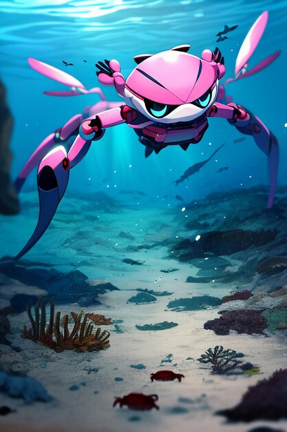 Underwater pink crab marine life wallpaper background illustration