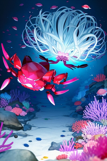 水中のピンクのカニの海洋生物の壁紙の背景イラスト