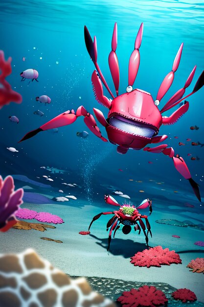 Underwater pink crab marine life wallpaper background illustration