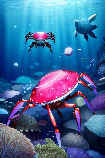 Underwater pink crab marine life wallpaper background illustration