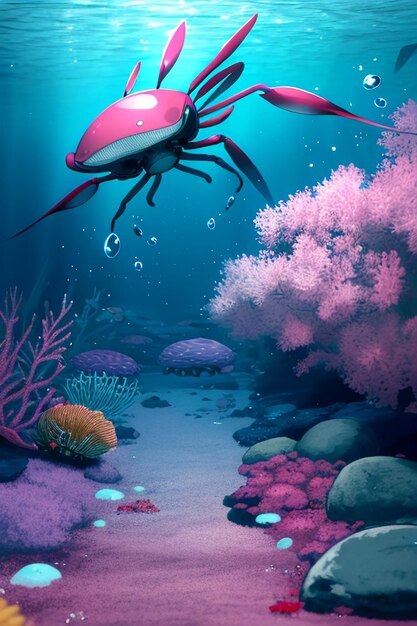 Underwater pink crab marine life wallpaper background illustration