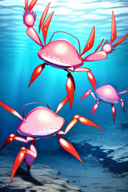 Underwater pink crab marine life wallpaper background illustration