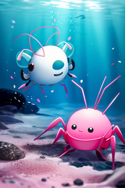 Underwater pink crab marine life wallpaper background illustration