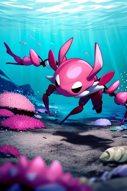 Underwater pink crab marine life wallpaper background illustration