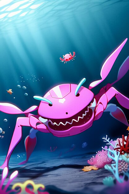 Underwater pink crab marine life wallpaper background illustration