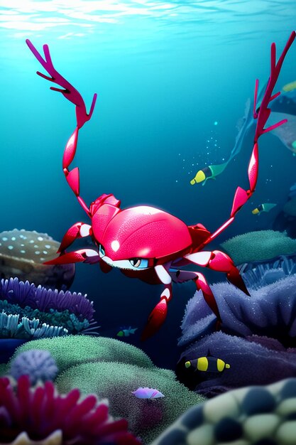 Underwater pink crab marine life wallpaper background illustration