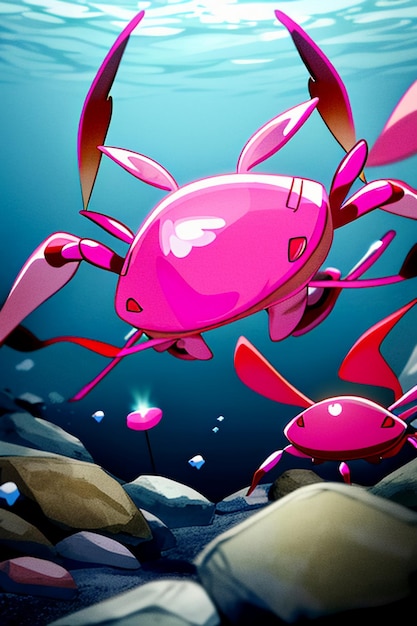 Underwater pink crab marine life wallpaper background illustration