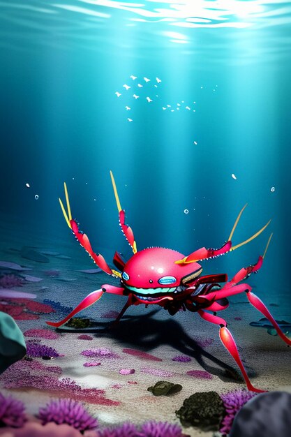 Underwater pink crab marine life wallpaper background illustration