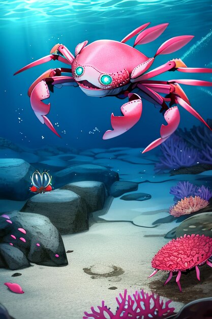 Underwater pink crab marine life wallpaper background illustration