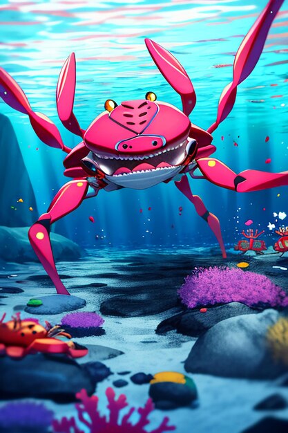 Underwater pink crab marine life wallpaper background illustration