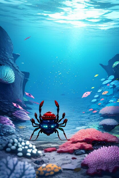 Underwater pink crab marine life wallpaper background illustration