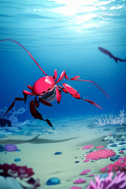 Underwater pink crab marine life wallpaper background illustration