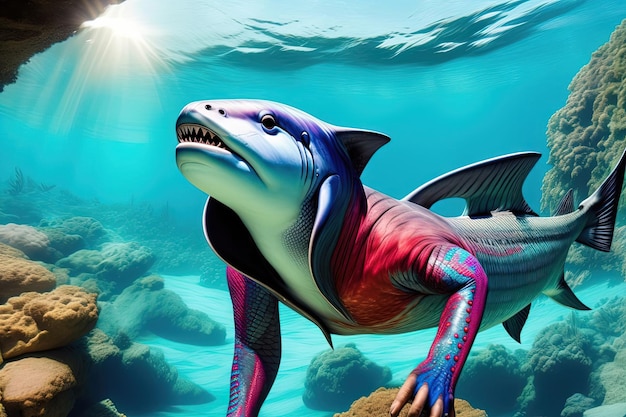 an underwater planet alien Shark fish human animal hybrid illustration generative ai