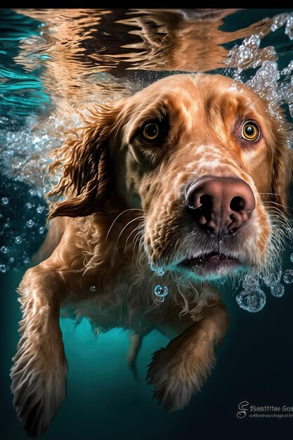 Underwater portrait of adorable underwater dog diving into pool and beach with open eye