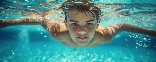 Фото Подводный портрет мальчика-подростка, практикующего ползучий удар в бассейне