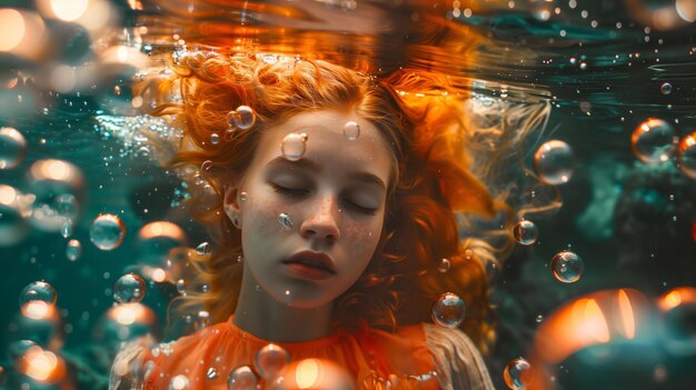 Underwater portrait of red hair woman