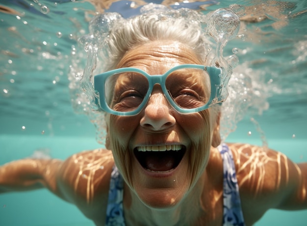 Underwater portrait of woman Girl having fun in swimming pool Summer vacation concept