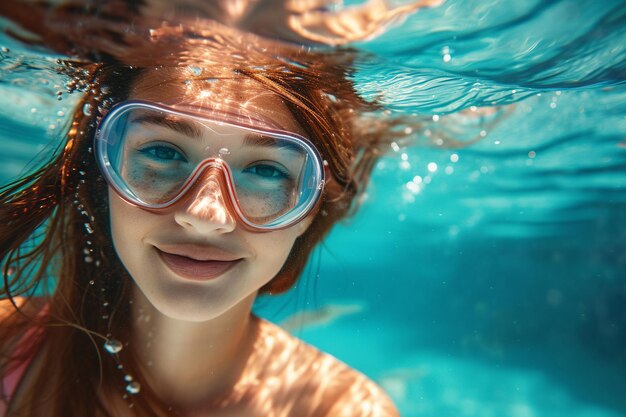 Photo underwater portrait of young female swimmer with ai generated