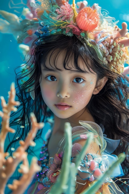 Photo underwater portrait of a young girl with floral headpiece amongst coral reefs