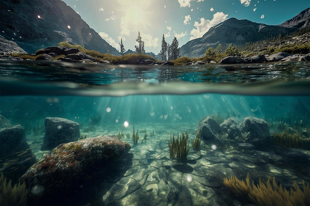 Underwater pov of the island landscape at sunset