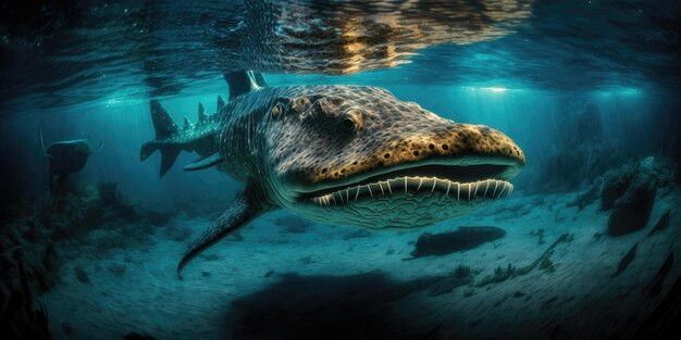 Underwater prehistoric creature or dinosaur swimming underwater