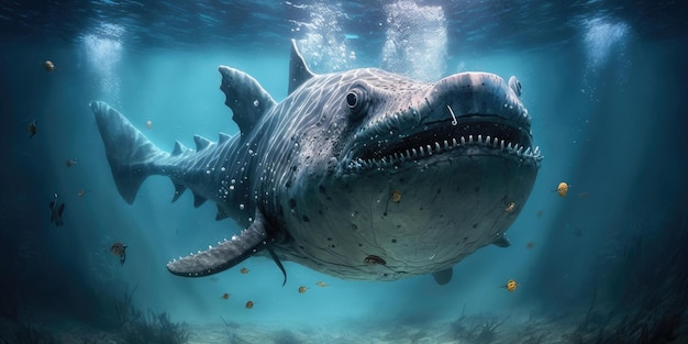 Underwater prehistoric creature or dinosaur swimming underwater