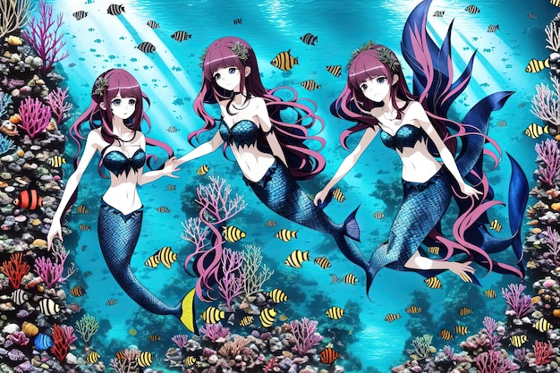 Underwater realm mermaid siren pretty girl princess manga anime style illustration generative ai