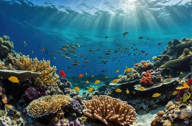 Underwater reef scene with diverse fish species